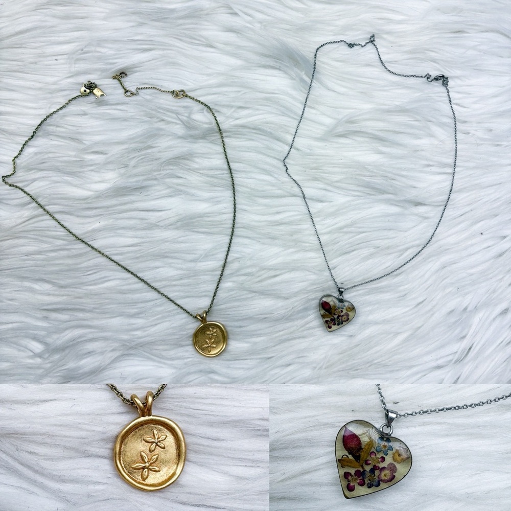 Madewell Gold Flower Floral Wax Seal Pendant Resin Heart Silver Necklace Set Lot